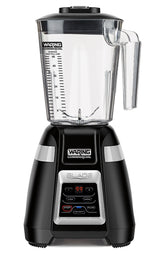 A black Waring Commercial Blade Bar Blender with a 2-speed digital base, clear 48-oz. plastic container featuring measurement markings, a lid, and handle. The display shows 99 with control buttons for stop, low, high, and pulse.