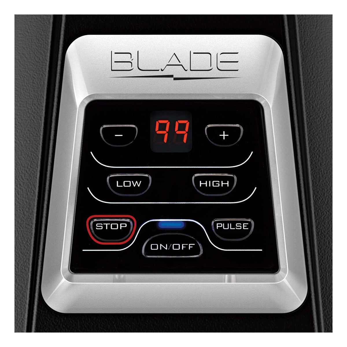 Close-up of a Blade Bar Blender control panel labeled “BLADE.” The digital display shows “99.” Buttons for LOW, HIGH (ideal for 2-speed blending), STOP (red outline), ON/OFF (blue light), PULSE, plus (+), and minus (–) are visible. Silver frame borders the black panel.