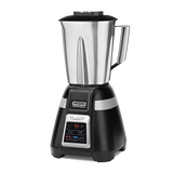 A 2-speed blender with a stainless steel container and black base features a digital display and multi-function control panel. The large handle attaches to the metal jar, while the Waring Commercial brand label is visible on the front.