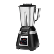 A 2-speed blender with a stainless steel container and black base features a digital display and multi-function control panel. The large handle attaches to the metal jar, while the Waring Commercial brand label is visible on the front.