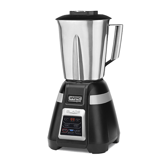 A 2-speed blender with a stainless steel container and black base features a digital display and multi-function control panel. The large handle attaches to the metal jar, while the Waring Commercial brand label is visible on the front.