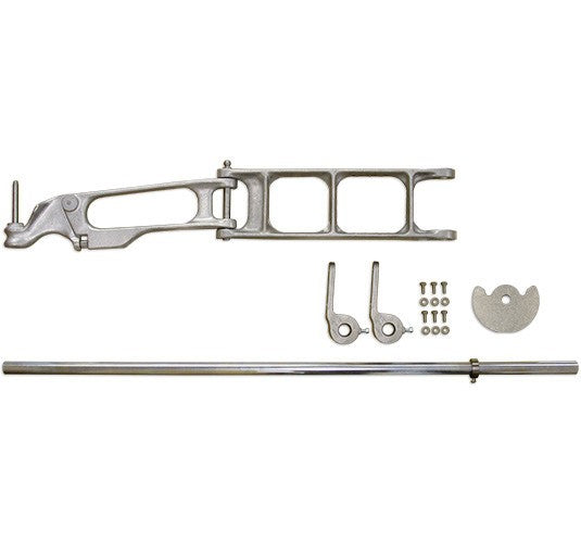 A set of metal parts for a column mounting system, Type F, laid out on a white background—including a large arm with open rectangular sections, a long rod, hook-shaped pieces, semicircular plate, and screws—ideal for cake donut production equipment.