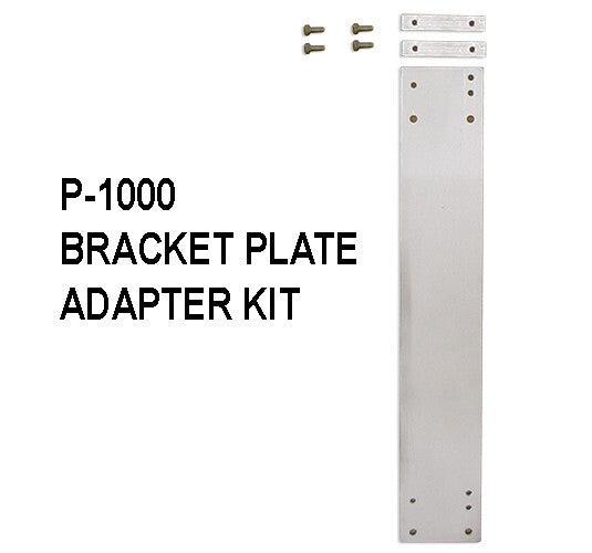 A metal P-1000 bracket plate adapter kit includes a long rectangular plate, two small pieces, and four screws, displayed on a white background. Black text reads: “P-1000 BRACKET PLATE ADAPTER KIT” beside the mounting system hardware.