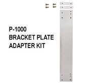 A metal P-1000 bracket plate adapter kit includes a long rectangular plate, two small pieces, and four screws, displayed on a white background. Black text reads: “P-1000 BRACKET PLATE ADAPTER KIT” beside the mounting system hardware.