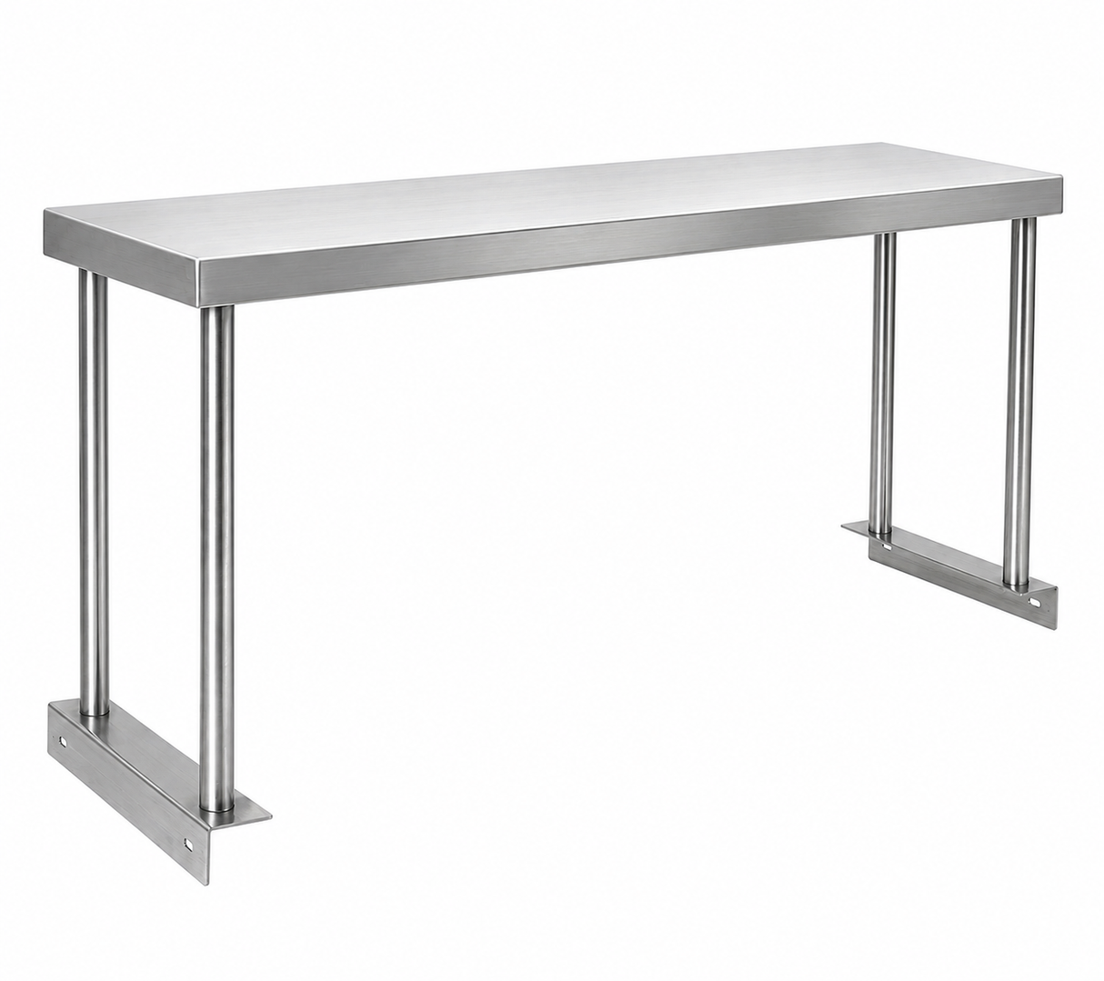 A rectangular stainless steel table with a flat top, four cylindrical legs, and metal base plates for stability. The design is minimalist, industrial, and utilitarian, suitable for commercial kitchens or as a sturdy foundation for steam tables. A single overshelf can be added to enhance storage and organization. The background is plain white.