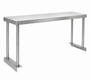 A rectangular stainless steel table with a flat top, four cylindrical legs, and metal base plates for stability. The design is minimalist, industrial, and utilitarian, suitable for commercial kitchens or as a sturdy foundation for steam tables. A single overshelf can be added to enhance storage and organization. The background is plain white.