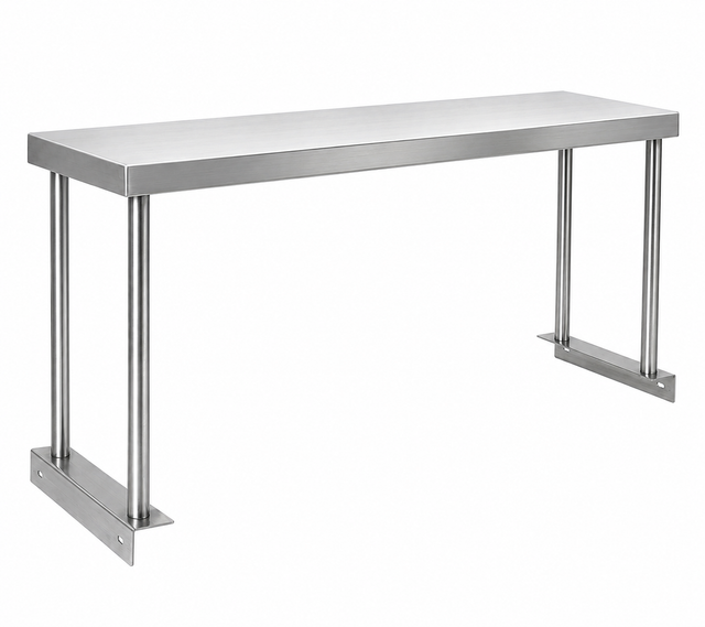 A rectangular stainless steel table with a flat top, four cylindrical legs, and metal base plates for stability. The design is minimalist, industrial, and utilitarian, suitable for commercial kitchens or as a sturdy foundation for steam tables. A single overshelf can be added to enhance storage and organization. The background is plain white.