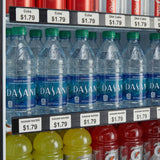 Bottles of Dasani water are lined up on a refrigerated store shelf, priced at $1.79 each, with a price tag set from Empura Parts. Above them are cans of Coke and Diet Coke; below, yellow Gatorade bottles—all labeled with EGM-13B tags.