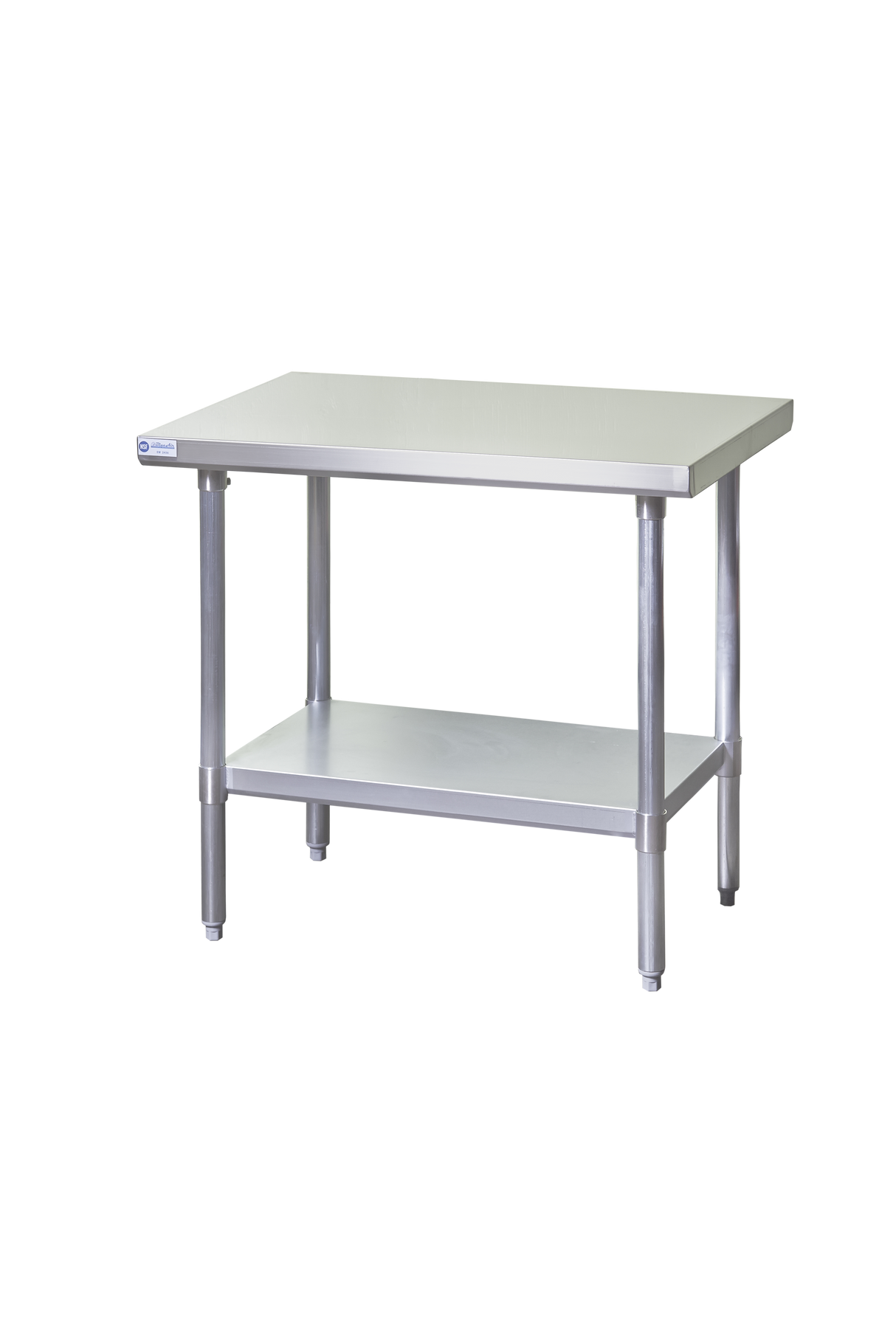 A stainless steel NSF work table featuring a smooth rectangular top, four sturdy cylindrical legs, and a lower storage shelf. The table stands on adjustable feet and is set against a plain white background.