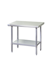 A stainless steel NSF work table featuring a smooth rectangular top, four sturdy cylindrical legs, and a lower storage shelf. The table stands on adjustable feet and is set against a plain white background.