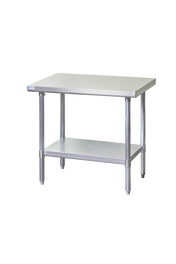A stainless steel NSF work table featuring a smooth rectangular top, four sturdy cylindrical legs, and a lower storage shelf. The table stands on adjustable feet and is set against a plain white background.