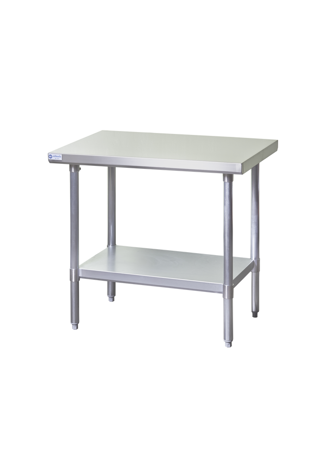 A stainless steel NSF work table with four sturdy legs, a flat rectangular top, and an undershelf for extra storage. Its industrial, utilitarian design is ideal for kitchens or workshops. The background is plain white.