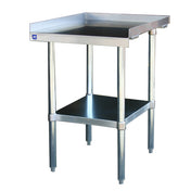 A heavy duty equipment stand crafted from 16 gauge stainless steel, this NSF-certified work table features four sturdy legs, an open lower shelf, and a raised edge on three sides—perfect for food prep or commercial kitchen tasks.