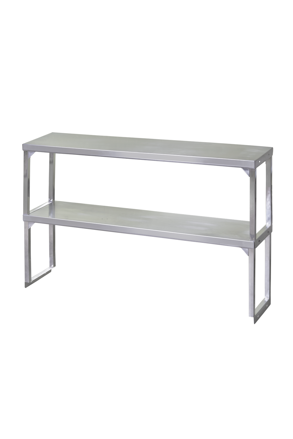 A simple, rectangular stainless steel bench with a flat top and an open shelf underneath. Featuring clean lines and four sturdy legs, this NSF metal bench is perfect for minimalist spaces. The background is plain white.