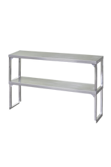 A simple, rectangular stainless steel bench with a flat top and an open shelf underneath. Featuring clean lines and four sturdy legs, this NSF metal bench is perfect for minimalist spaces. The background is plain white.
