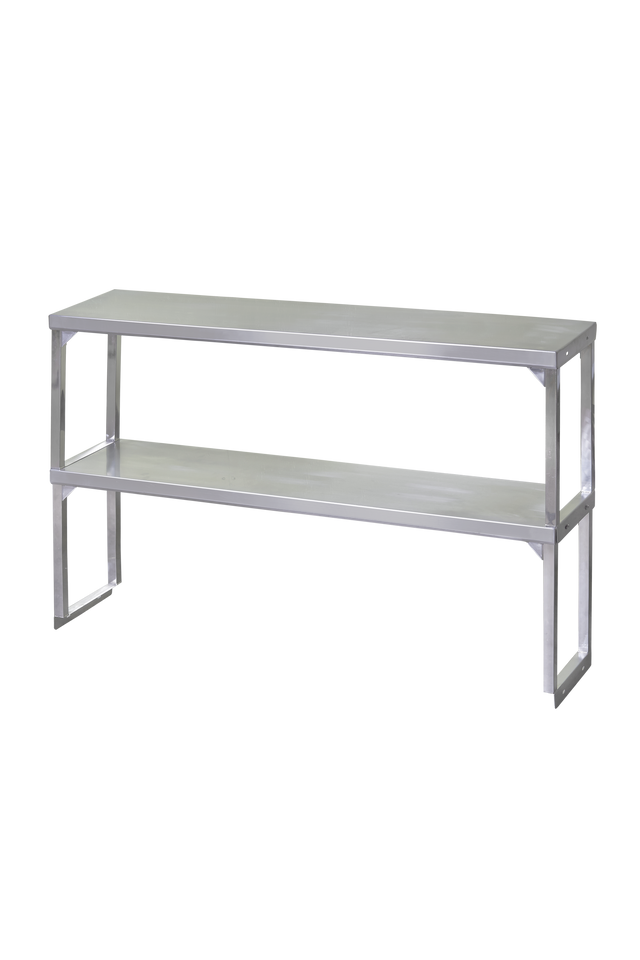 A simple, rectangular stainless steel bench with a flat top and an open shelf underneath. Featuring clean lines and four sturdy legs, this NSF metal bench is perfect for minimalist spaces. The background is plain white.