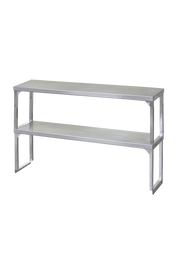 A silver stainless steel metal bench with a minimalist, modern design, featuring a rectangular top surface, an NSF-approved lower overshelf for extra storage, and open rectangular side supports, all set against a plain white background.
