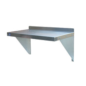This NSF stainless steel wall-mounted shelf features a flat rectangular top, two sturdy triangular support brackets, and a raised back edge. Its simple, industrial design makes it a modern choice for secure wall storage.