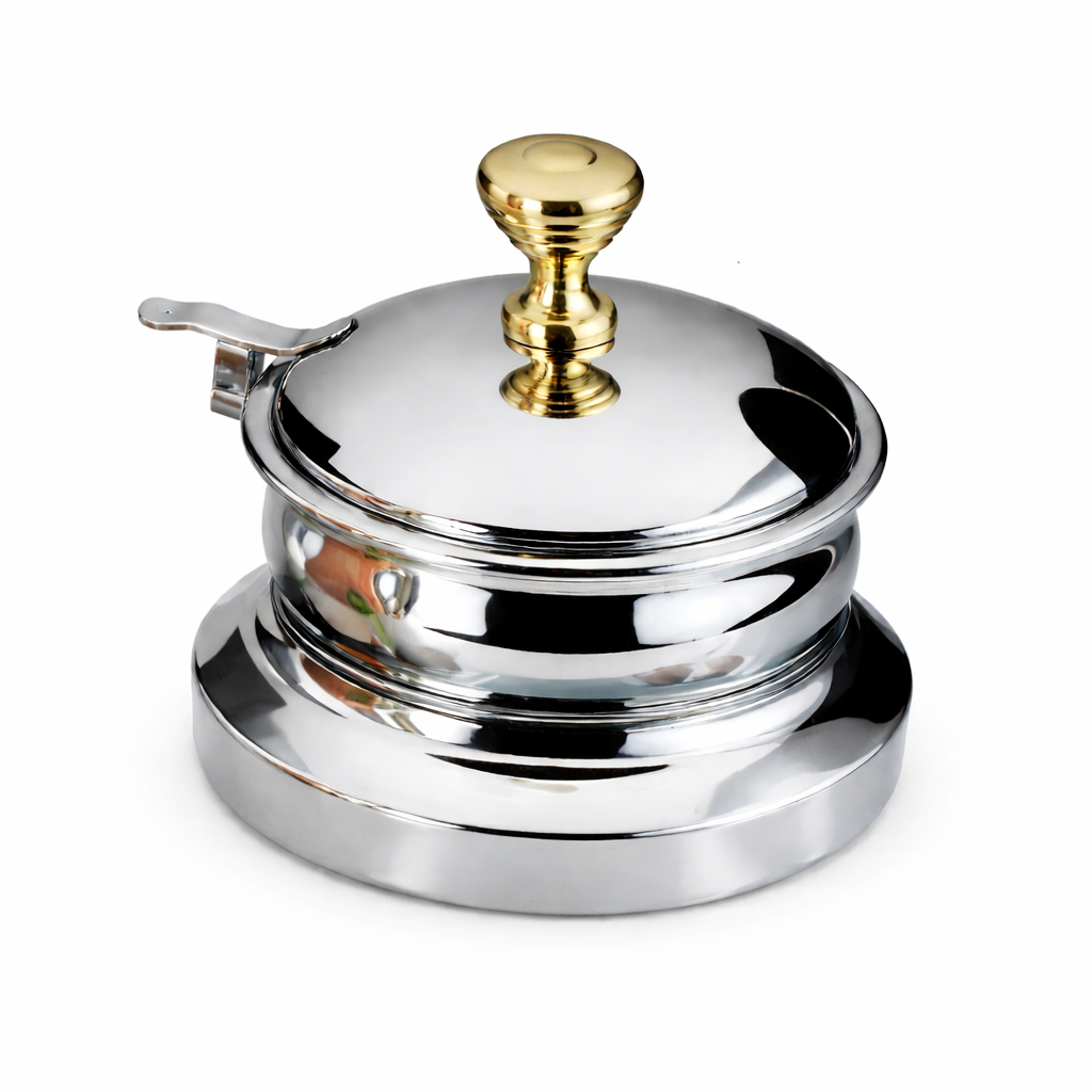 A shiny, round Bon Chef stainless steel container with a lid and a golden knob handle on top. This gravy warmer insert features a smooth, reflective finish and a small side lever, photographed against a white background.