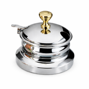 A shiny, round Bon Chef stainless steel container with a lid and a golden knob handle on top. This gravy warmer insert features a smooth, reflective finish and a small side lever, photographed against a white background.