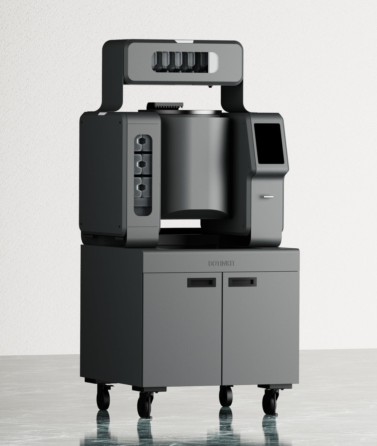 BOTINKIT Omni Auto-Pan commercial cooking system with touchscreen interface, built-in cast iron pot, automated dispensing units, and caster base for mobility—designed for high-efficiency restaurant kitchens.