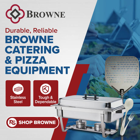 Browne catering and pizza equipment banner featuring stainless steel chafers, utensils, and durable commercial kitchen tools.