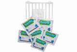 A white plastic grid sits above a stack of seven individually wrapped Cleanair Pack CPAP machine odor neutralizer packets, designed to inhibit bacteria, each with green and black text and blue icons on a plain white background.