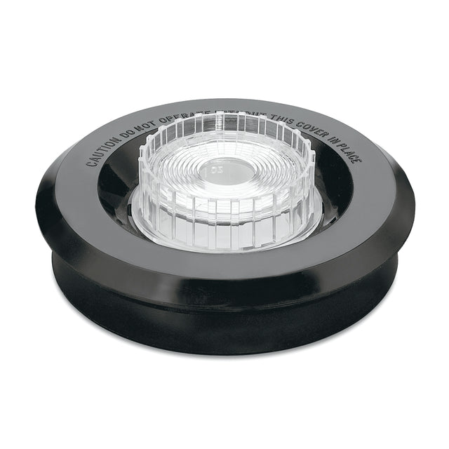 Round black and clear plastic pool pump lid with a transparent, textured center and ridged surface, similar to a Flip-Top Lid on a 48 oz. polycarbonate container. The black rim includes a caution message. Photographed on a white background.