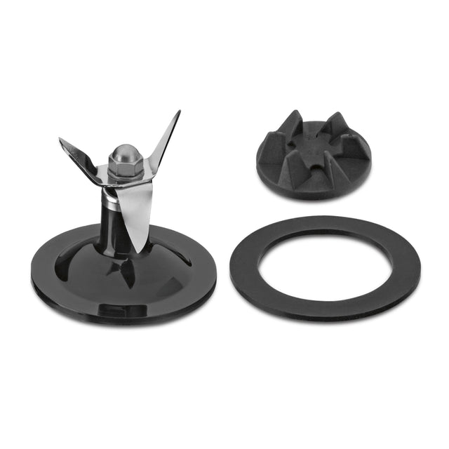 Waring BB155 blade kit featuring a four-blade metal assembly on a black base, a black plastic round coupling piece with raised notches, and a flat black rubber sealing ring, all arranged separately on a white background.