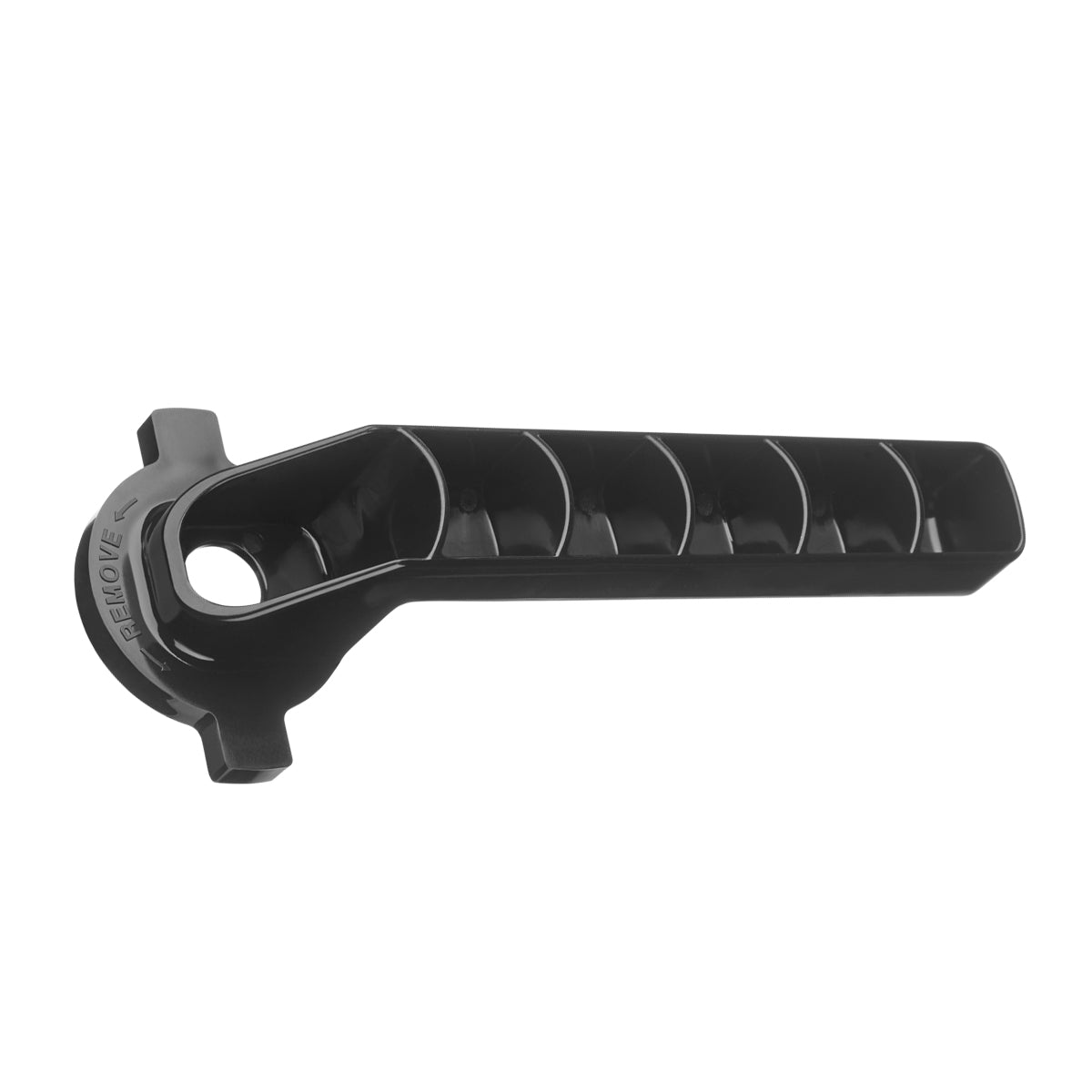 A black plastic automotive oil filter wrench with a long handle and five internal ridges, similar to a Retainer Ring Wrench. The circular end features a large hexagonal opening, with REMOVE embossed near the base. Photographed on a white background.