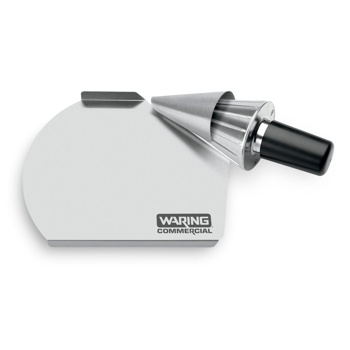 A stainless steel citrus juicer cone attachment with a black handle is shown next to a flat, curved metal splash guard labeled “Waring Commercial.” The sleek design suggests commercial-grade durability and could also be used as a forming tool for various tasks.
