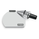 A stainless steel citrus juicer cone attachment with a black handle is shown next to a flat, curved metal splash guard labeled “Waring Commercial.” The sleek design suggests commercial-grade durability and could also be used as a forming tool for various tasks.