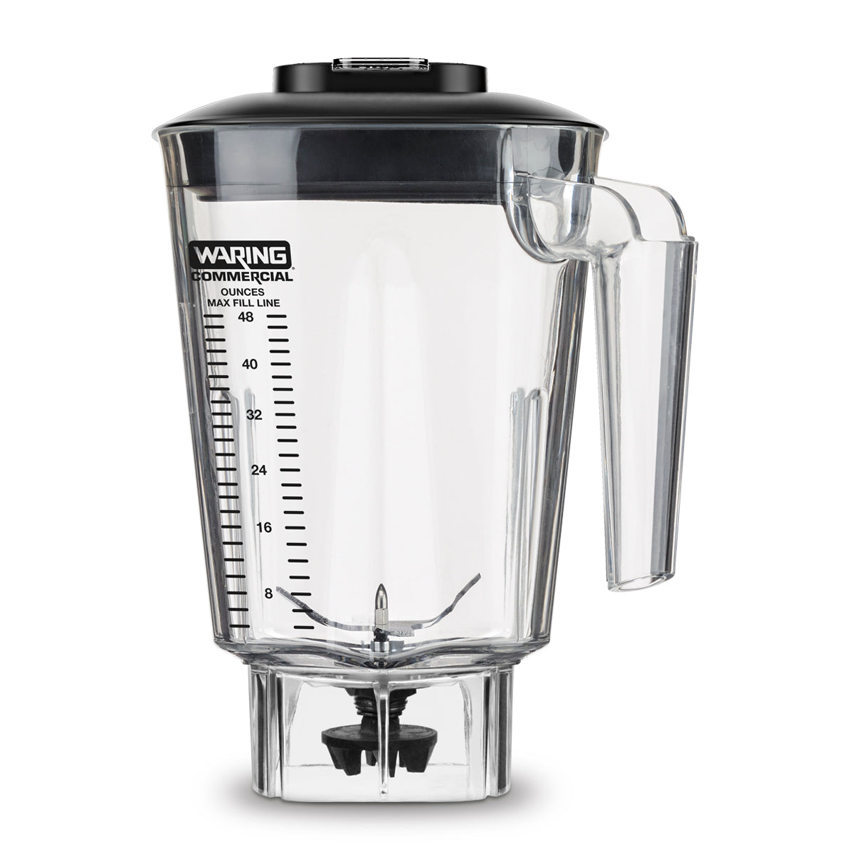 A clear BPA free Waring blender container with measurement markings in ounces and milliliters, a handle on the right, a black lid on top, and metal blades at the bottom. The jar appears empty against a white background.