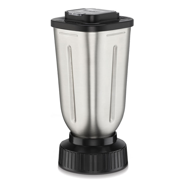 A 32 oz. stainless steel blender container with vertical grooves, a black plastic base, and a clear plastic lid. The jar is upright and detached from the blender motor, displayed on a white background.