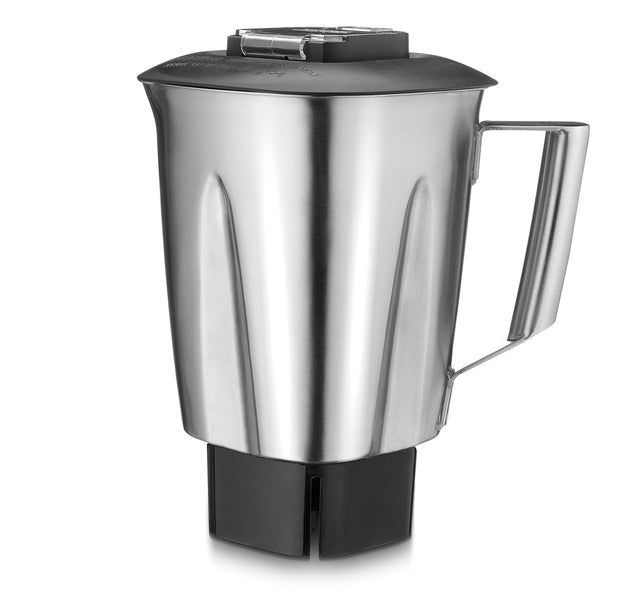 A stainless steel blender container from the BB300 series with a handle and black plastic base, featuring a black lid with a small transparent window. The jar stands upright against a plain white background.