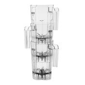 Four transparent, BPA free plastic measuring cups are stacked together. Each cup has a handle and measurement markings in black along the side. The design allows the cups to nest securely, saving space and keeping them organized.