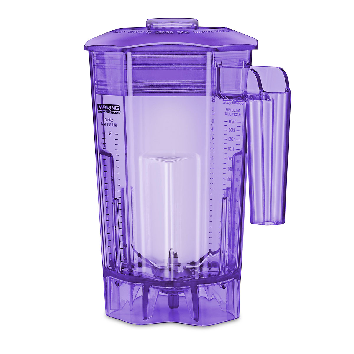 A translucent purple 48 oz blender container with measurement markings and a handle on the right side. The BPA free jar features a lid, central blade assembly, and visible warning and measurement labels. The background is plain white.