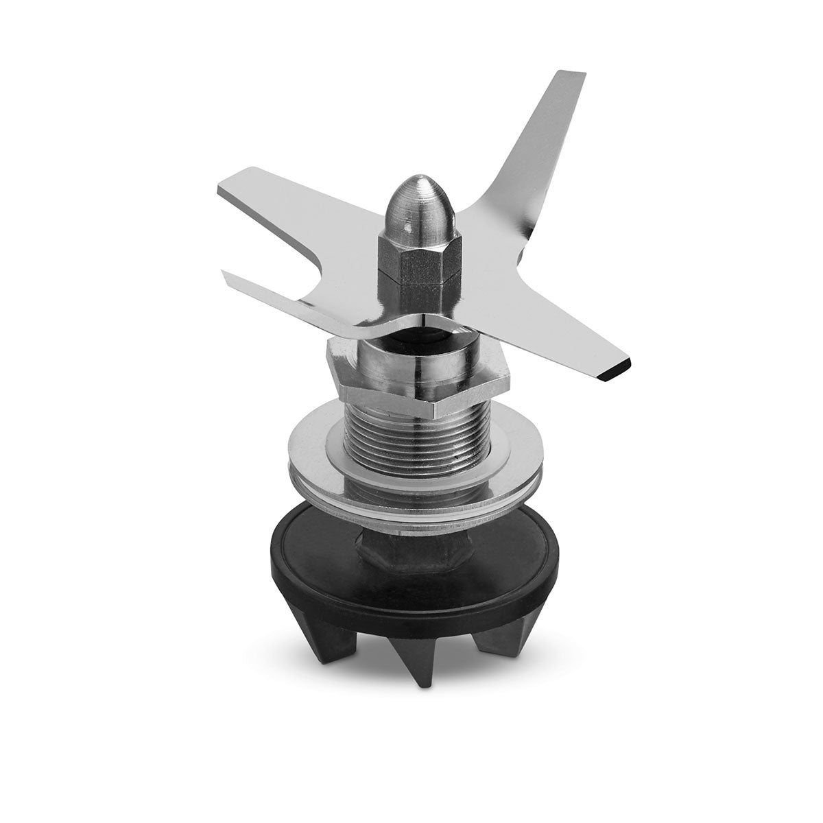 A Waring Blending Assembly featuring sharp, crossed Blade BB series blades, a nut, threaded base, and black rubber gasket, isolated on a white background.