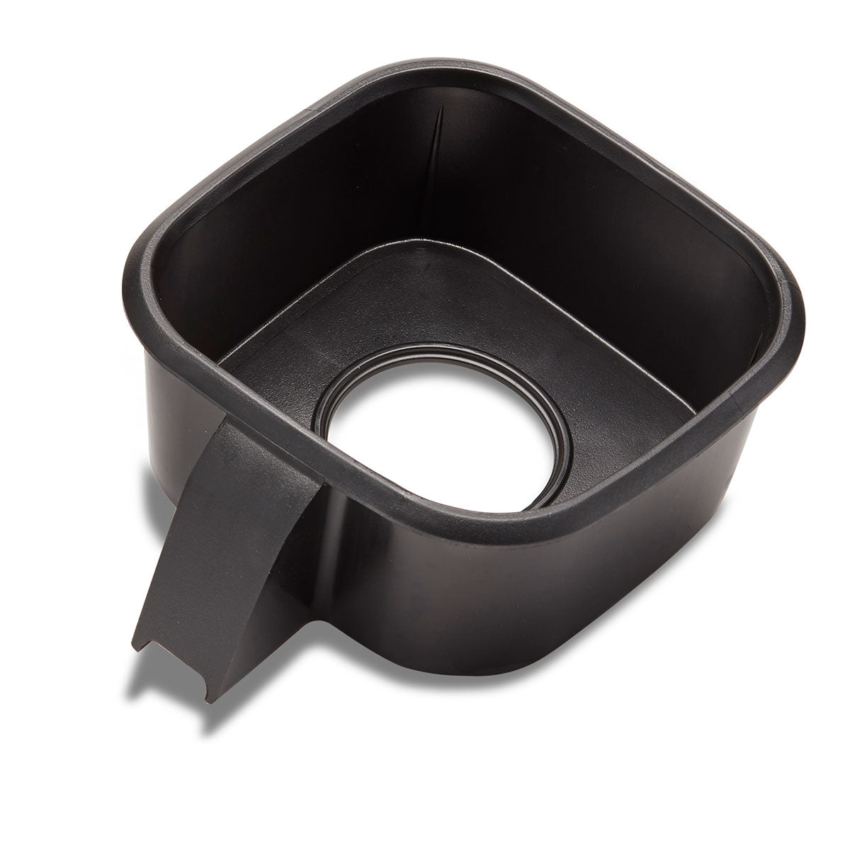 A black, square-shaped plastic container with rounded edges and a handle, featuring a circular hole in the center bottom. This removable Waring part resembles a Jar Pad for the Blade BB300, set against a white background.