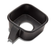 A black, square-shaped plastic container with rounded edges and a handle, featuring a circular hole in the center bottom. This removable Waring part resembles a Jar Pad for the Blade BB300, set against a white background.
