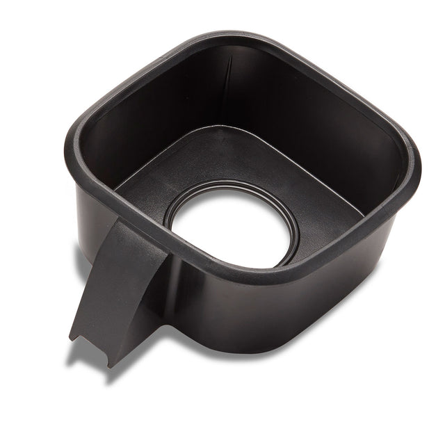 A black, square-shaped plastic container with rounded edges and a handle, featuring a circular hole in the center bottom. This removable Waring part resembles a Jar Pad for the Blade BB300, set against a white background.
