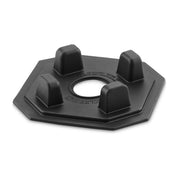 A black, octagonal plastic blender blade removal tool, compatible with Waring models, featuring a central hole and four raised rectangular posts. The tool sits on a white background, with embossed text visible near the center hole.