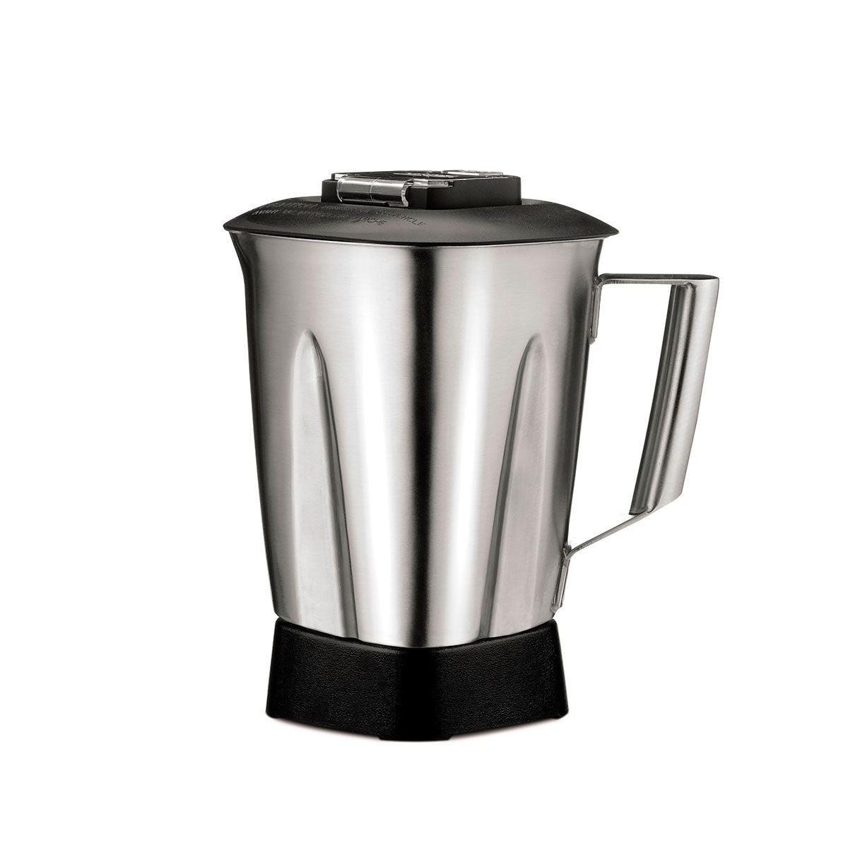 A 48 oz stainless steel blender container with a handle and black lid sits upright on a white background. Its shiny, reflective surface and black base give it a modern, functional look that emphasizes durability and utility.