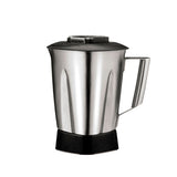 A 48 oz stainless steel blender container with a handle and black lid sits upright on a white background. Its shiny, reflective surface and black base give it a modern, functional look that emphasizes durability and utility.