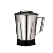A 48 oz stainless steel blender container with a handle and black lid sits upright on a white background. Its shiny, reflective surface and black base give it a modern, functional look that emphasizes durability and utility.