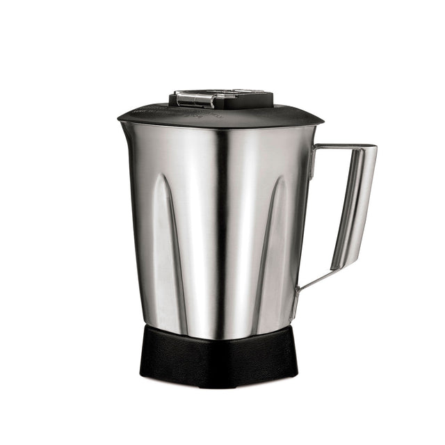 A 48 oz stainless steel blender container with a handle and black lid sits upright on a white background. Its shiny, reflective surface and black base give it a modern, functional look that emphasizes durability and utility.