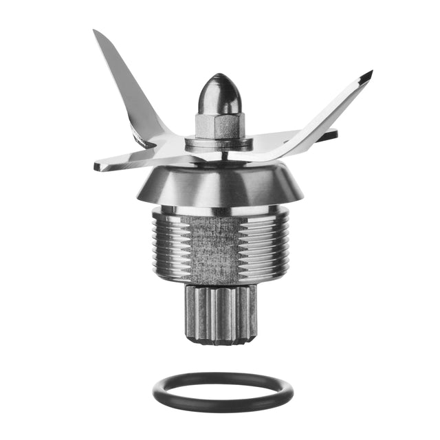 A stainless steel Waring blender blade assembly with four sharp, angled blades, a hexagonal bolt at the center, threaded metal base, and a black rubber O-ring below—all part of a premium Blending Assembly Kit set against a plain white background.