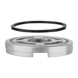 A circular metal component with a central threaded hole and three notches around its edge is shown below a black gasket. The gasket, part of a Waring retainer ring kit, is positioned directly above the metal piece against a plain white background.