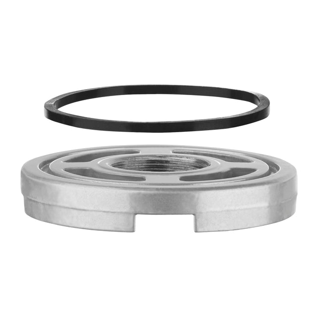 A circular metal component with a central threaded hole and three notches around its edge is shown below a black gasket. The gasket, part of a Waring retainer ring kit, is positioned directly above the metal piece against a plain white background.