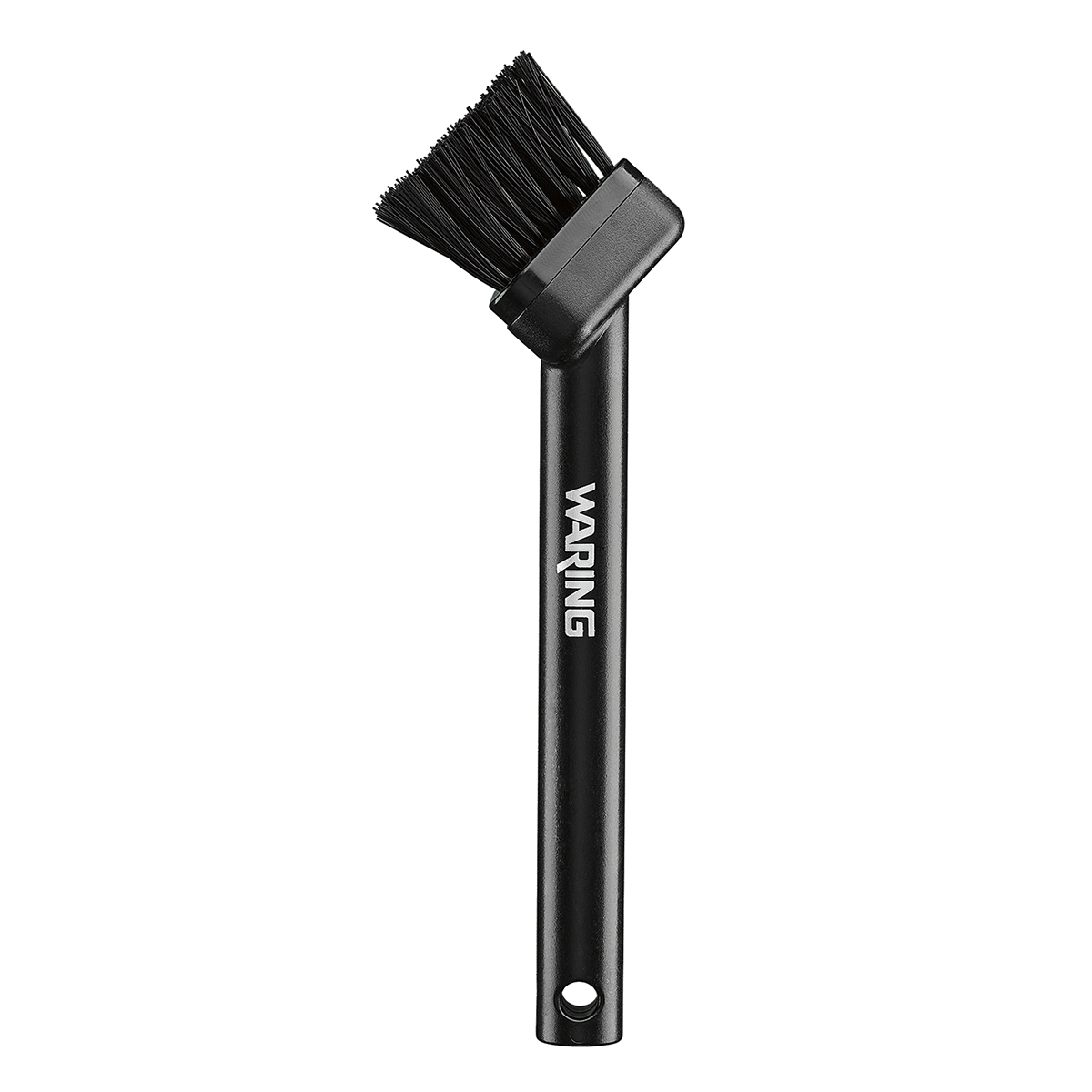 A black cleaning brush designed for waffle makers, featuring stiff bristles angled at 90 degrees from the handle. The handle has WARING printed in white letters and a convenient hole at the bottom for hanging. The background is light gray.